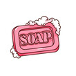 Groovy cartoon pink wet soap bar with bubbles of foam. Funny retro rectangle bath solid soap, hygiene in toilet, body care and cleanliness mascot, cartoon sticker of 70s 80s style vector illustration