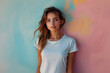 Young woman wearing bella canvas white shirt mockup, at colorful background. Design tshirt template, print presentation mock-up.