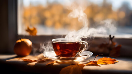 Cup of tea with autumn leaves on the background of the window