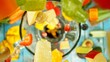 Freeze motion of mixing pieces of fruit and vegetables in blender, top shot