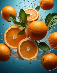 Poster - AI generated illustration of Oranges with water splashing