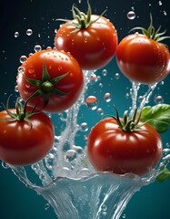 Poster - tomatoes splashing into water from a glass bowl with water on it