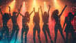  illustration of silhouettes of woman dancing in the nightclub as silhouette in front of party rays