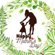 Happy Mother's Day card with green wreath. Mom and baby silhouette Greeting Card. Not AI. Vector illustration