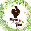 Happy Mother's Day card with green wreath. Mom and baby silhouette Greeting Card. Not AI. Vector illustration