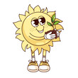Groovy sun cartoon character holding soil with sprout. Funny retro happy sun taking care for plant with leaf. Ecology, sustainability mascot, cartoon sticker of 70s 80s style vector illustration