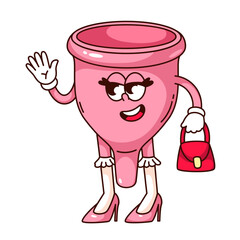 Wall Mural - Groovy menstrual cup cartoon character with hand bag and pink shoes. Funny retro eco menstrual cup waving, feminine hygiene product mascot, cartoon sticker of 70s 80s style vector illustration