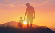 Father's and his son holding hands at sunset field. Dad leading son over summer nature outdoor. Family, trust, protecting, care, parenting concept
