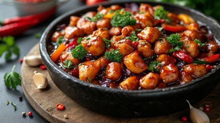 Kung Pao chicken with perfectly diced ingredients and balanced flavors. AI generate illustration