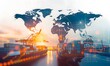 The world logistics , there are world map with logistic network distribution on background and Logistics Industrial Container Cargo freight ship for Concept of fast or instant shipping