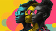 Three women wearing sunglasses are shown in a colorful background. The sunglasses are of different colors and styles, standing close to each other. Concept of black history month, Juneteenth, fashion