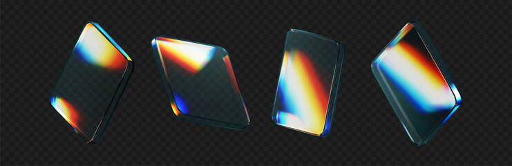 Wall Mural - 3d glass square shapes set with refraction and holographic effect isolated on black background. Render transparent crystal glass button with dispersion light, rainbow gradient. 3d vector illustration