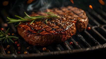 Wall Mural - Thick, juicy steaks sizzling over an open flame on a grill