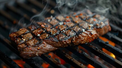 Wall Mural - Thick, juicy steaks sizzling over an open flame on a grill