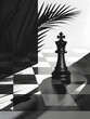 Monochrome photo of a chess piece on a checkered board