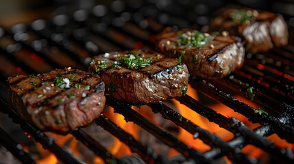 Wall Mural - Thick, juicy steaks sizzling over an open flame on a grill