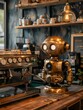 A steampunk robot barista stands next to an espresso machine, ready to make coffee. AI.