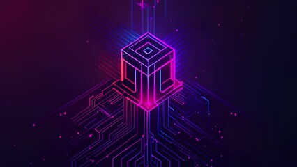 Animated logo for technology company of a colorful violet and blue cube icon with circuits forming around it 