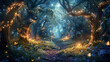© Kiss - Enchanted Forest Night Scene with Glowing Fireflies and Magical Trees