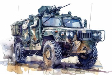 Wall Mural - NATO military vehicle watercolor paint Illustration. Military armored vehicle for infantry and special operations