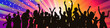 banner with illustration of people dancing in the nightclub as silhouette in front of party rays