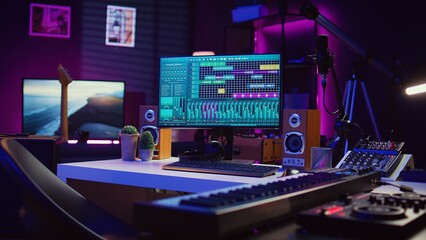 Leinwandbilder - Empty studio at home equipped with mixing soundboard panel and other musical instruments, music industry recording. Modern space with electronic controls and daw software on pc. Camera B.