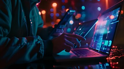 Digital technology, internet network connection, futuristic innovation technology. Man using laptop and mobile phone with internet network technology.
