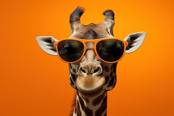 portrait of adorable happy giraffe wearing orange sunglasses on a bright orange background