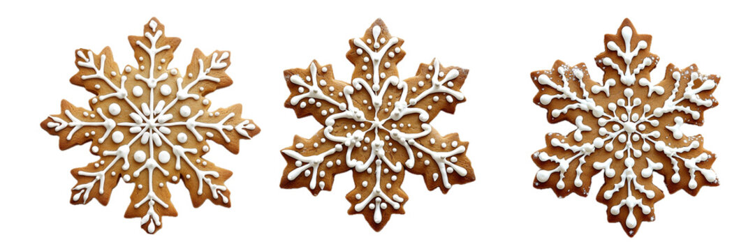 Set of three snowflake shape ginger bread cookies decorated with white frosting isolated on transparent PNG background, for Christmas snack, cards, cookies.