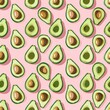Seamless pattern of avocado on modern pink background. Tropical background with exotic fruit, for healthy food, organic lifestyle backgrounds, banner, cards endless pattern.