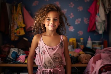 A young girl is standing in a messy room