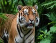 AI generated illustration of a tiger with an expressive gaze, surrounded by lush jungle foliage