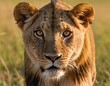 AI generated illustration of a Close-up of a large lion in a field