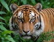 AI generated illustration of a tiger with an expressive gaze, surrounded by lush jungle foliage