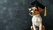 © JovialFox - Smart jack russell terrier puppy wearing eyeglasses and graduation hat sits near black chalkboard at school and points away on empty space