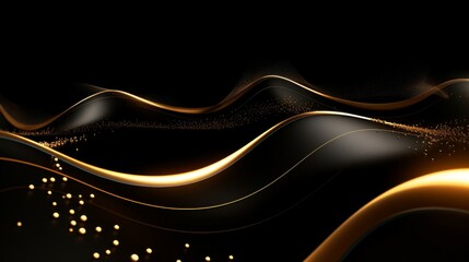 Wall Mural - Abstract black gold wave background. Abstract 3d black background with gold lines curved wavy sparkle with copy space for text. Three-dimensional dark golden wave and black background.