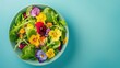 An artful arrangement of leafy greens and colorful flowers in a bowl, placed on a vibrant blue table. The natural landscape is enhanced with this beautiful botanical illustration AIG50