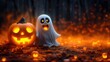 Cute funny ghost with a pumpkin. Created with Generative AI.