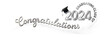 Congratulations Graduating Class of 2024 with a white background and lettering in silver text. The design uses text in a circle, wavy text, and a graduation cap to create visual excitement. 
