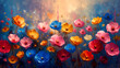 Digital painting of poppy flowers in blue and pink colors. Digital painting.