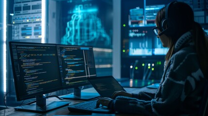 A female IT specialist in a data center uses a laptop to monitor the state of the network and respond in time to any cases of security breaches or equipment malfunctions. High quality photo