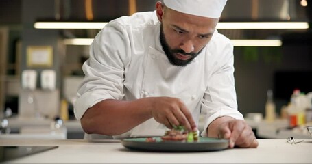 Canvas Print - Chef, food and man plating in kitchen cleaning edge for gourmet meal at luxury diner. Hospitality, catering and male culinary worker wipe plate for neat dinner presentation at fine dining restaurant.