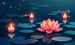 A Beautiful lotus flower and lamps illustration. Buddha's birthday, Vesak day, Buddha purnima. Buddhism symbol