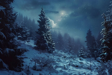 Wall Mural - A snow-covered pine forest illuminated by the soft glow of moonlight