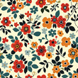retro vintage 1930s inspired floral seamless pattern with teal, orange and tan and black colors, digital paper