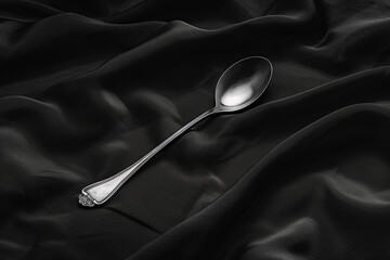 Wall Mural - A single silver spoon on a plain black tablecloth.