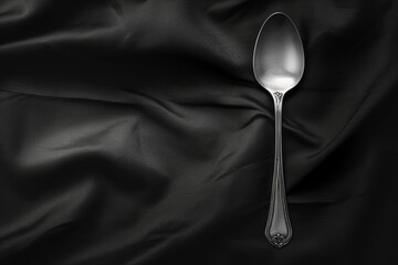 Wall Mural - A single silver spoon on a plain black tablecloth.