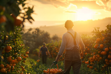 Wall Mural - Farm Harvesting oranges, tangerines tree in the Field, fresh ripe fruit. Farm workers picking fresh ripe fruit, beautiful sunset.