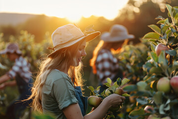 Wall Mural - Young woman in a hat picks an apple. Farm Harvesting apple tree in the Field, fresh ripe fruit. Farm workers picking fresh ripe fruit, beautiful sunset.