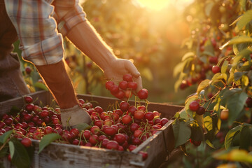 Farm Harvesting cherries tree in the Field, fresh ripe fruit. Farm workers picking fresh ripe fruit, beautiful sunset.